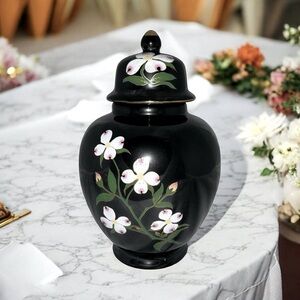 Vintage MIC Japan Black Lidded Ginger Jar Vase with Floral Design – 6.5”